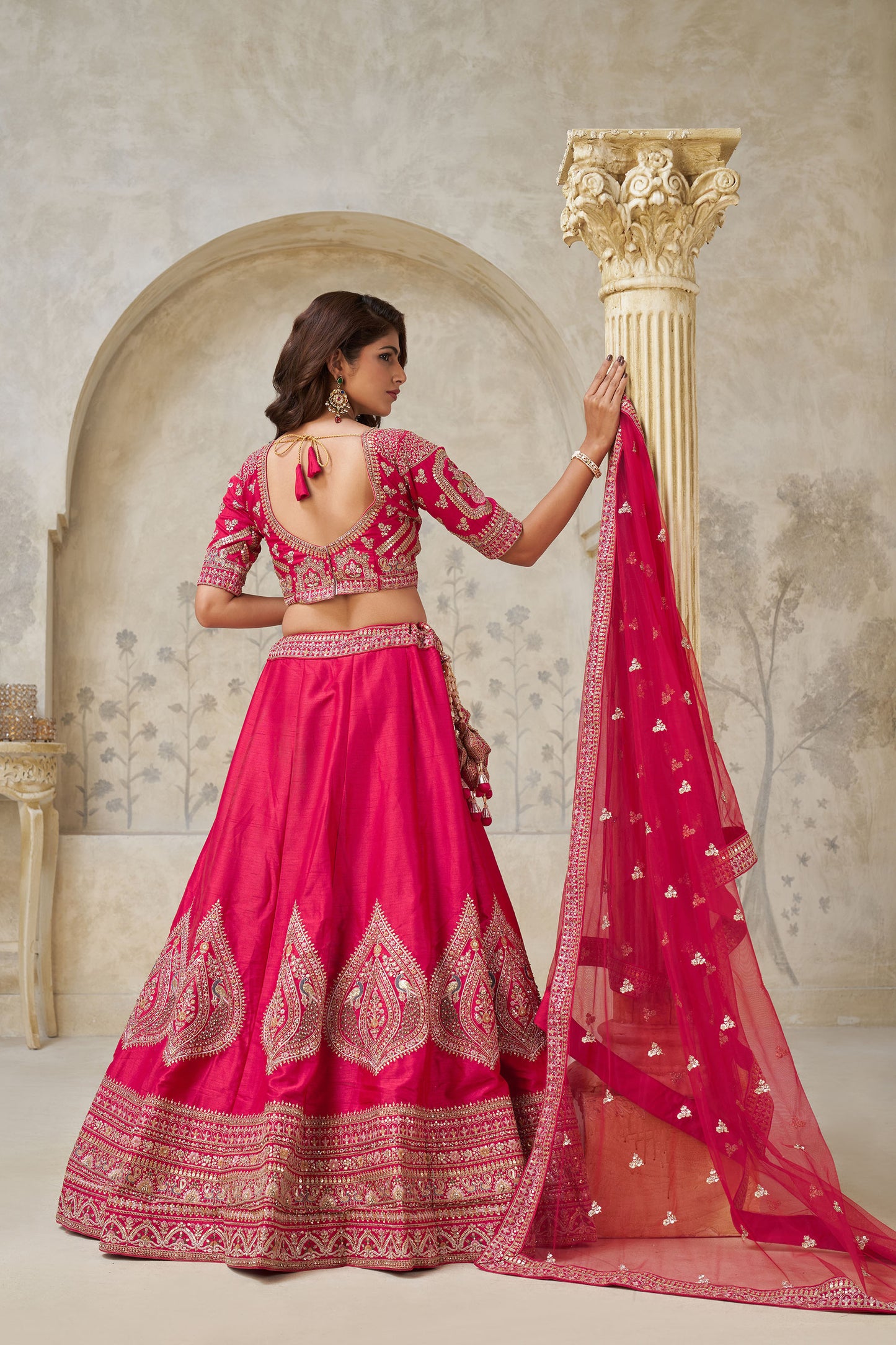 Pink Silk Wedding Lehenga with Leaf Embroidery  & Peacock Motifs
