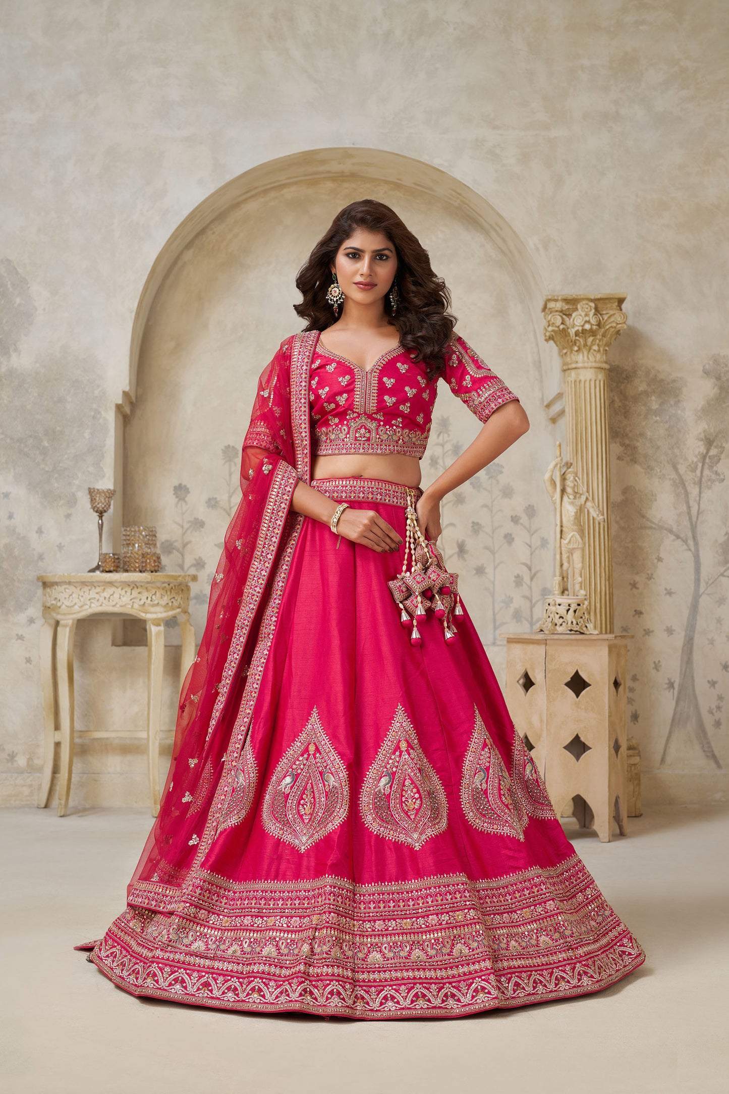 Pink Silk Wedding Lehenga with Leaf Embroidery  & Peacock Motifs