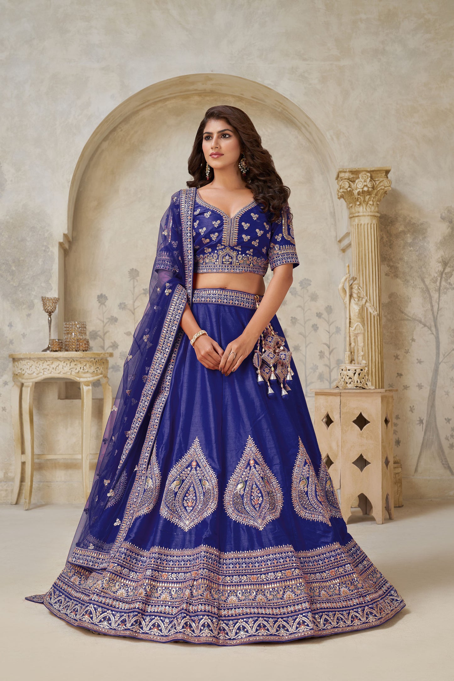 Purple Silk Wedding Lehenga with Zari Embroidery & Peacock Motifs