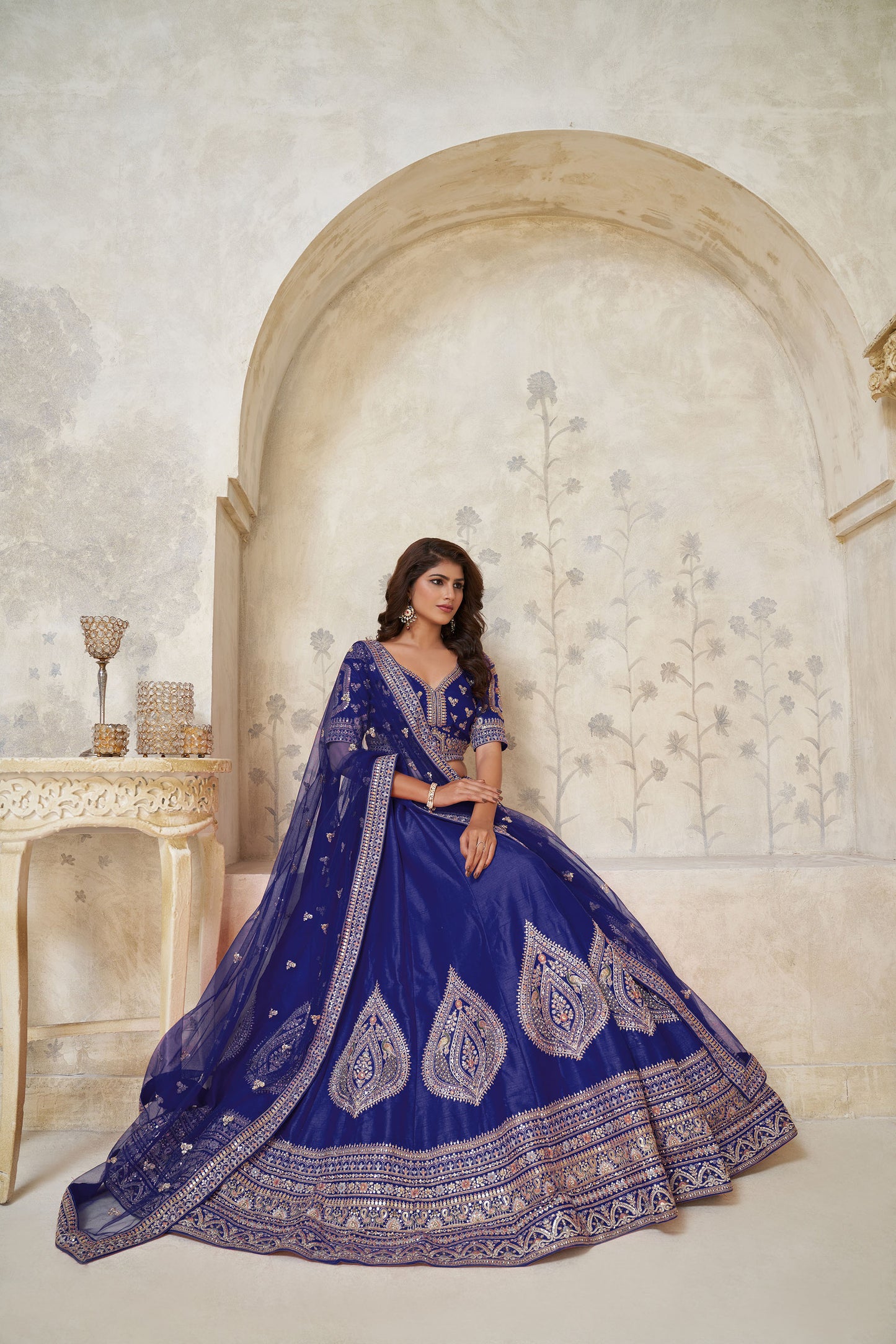 Purple Silk Wedding Lehenga with Zari Embroidery & Peacock Motifs