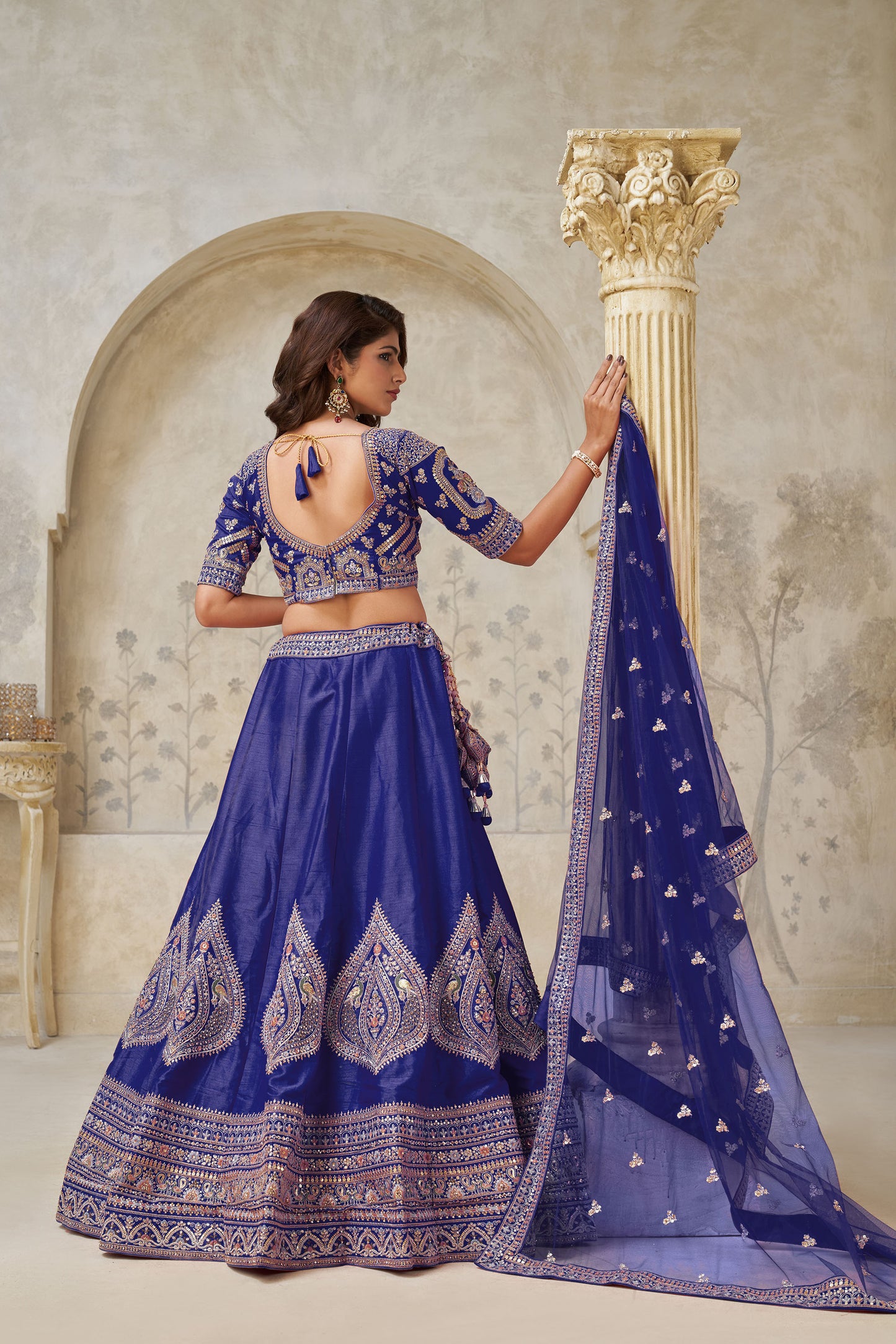 Purple Silk Wedding Lehenga with Zari Embroidery & Peacock Motifs