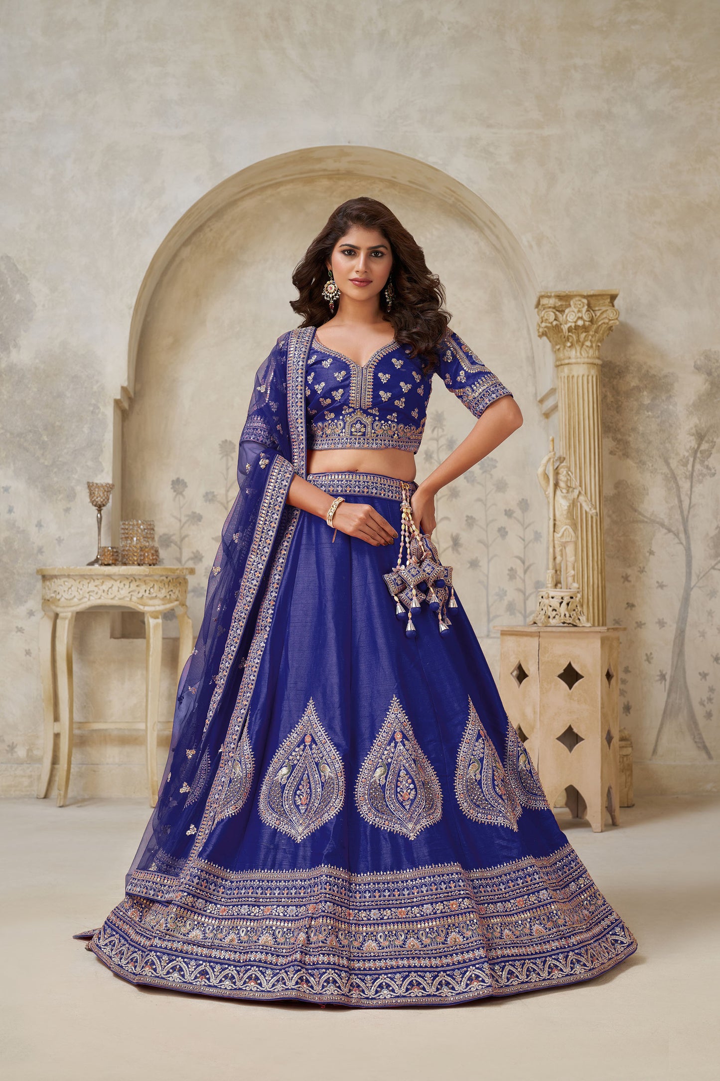 Purple Silk Wedding Lehenga with Zari Embroidery & Peacock Motifs