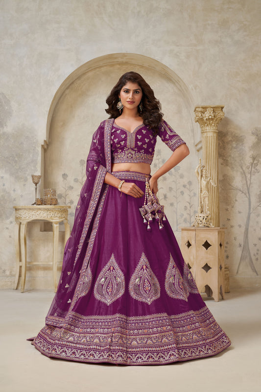 Wine Silk Wedding Lehenga with Leaf & Peacock Motifs