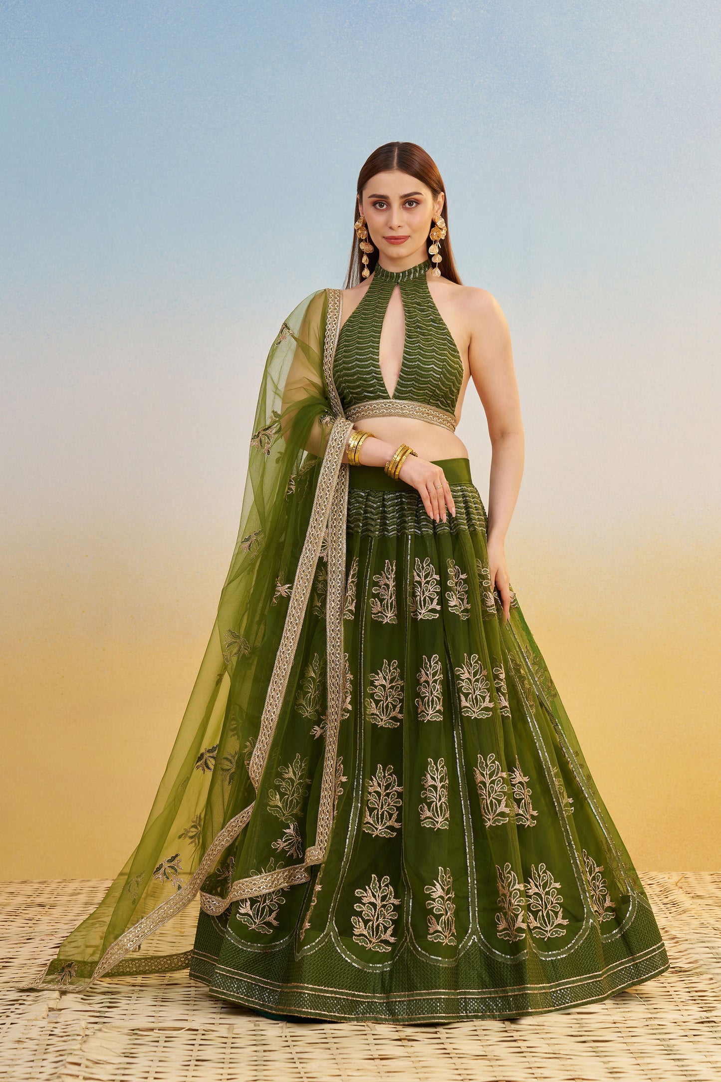 Green Butterfly Net Cotton Thread & Sequin Work Mehendi Lehenga