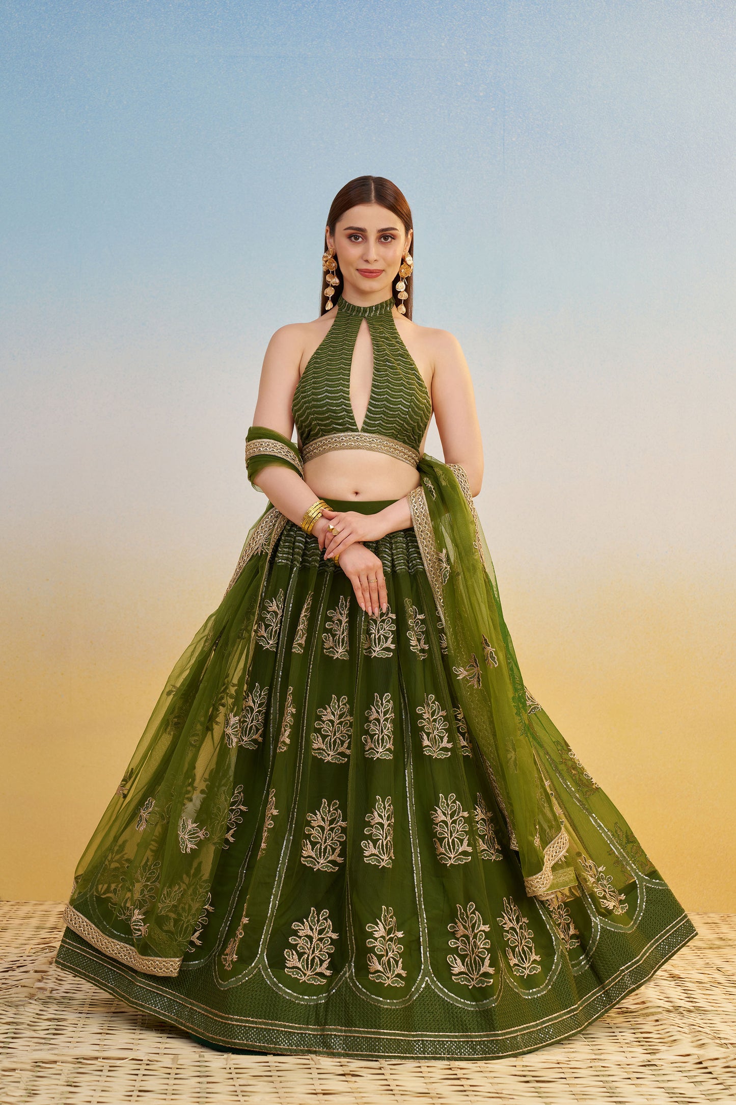 Green Butterfly Net Cotton Thread & Sequin Work Mehendi Lehenga