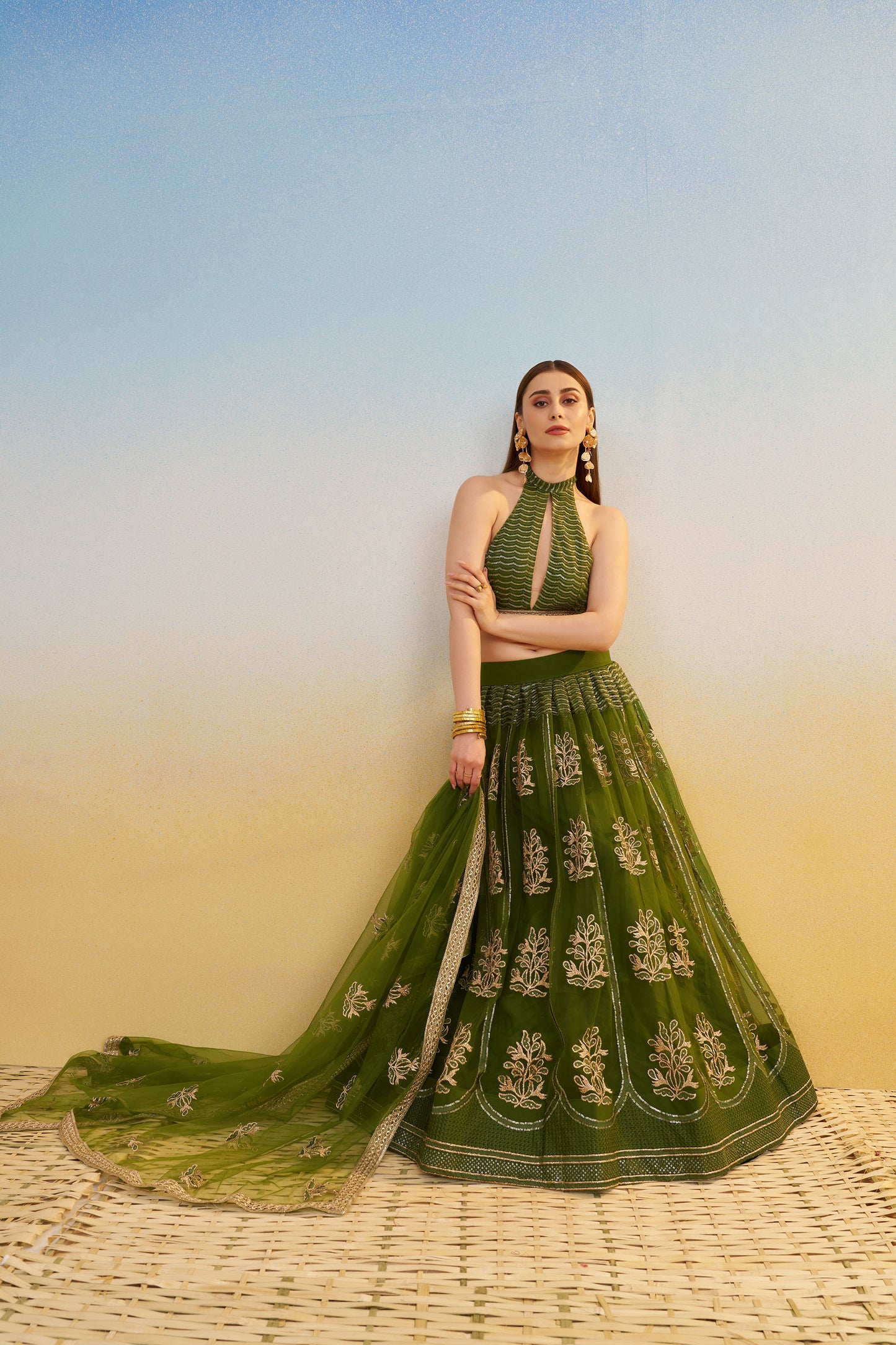 Green Butterfly Net Cotton Thread & Sequin Work Mehendi Lehenga