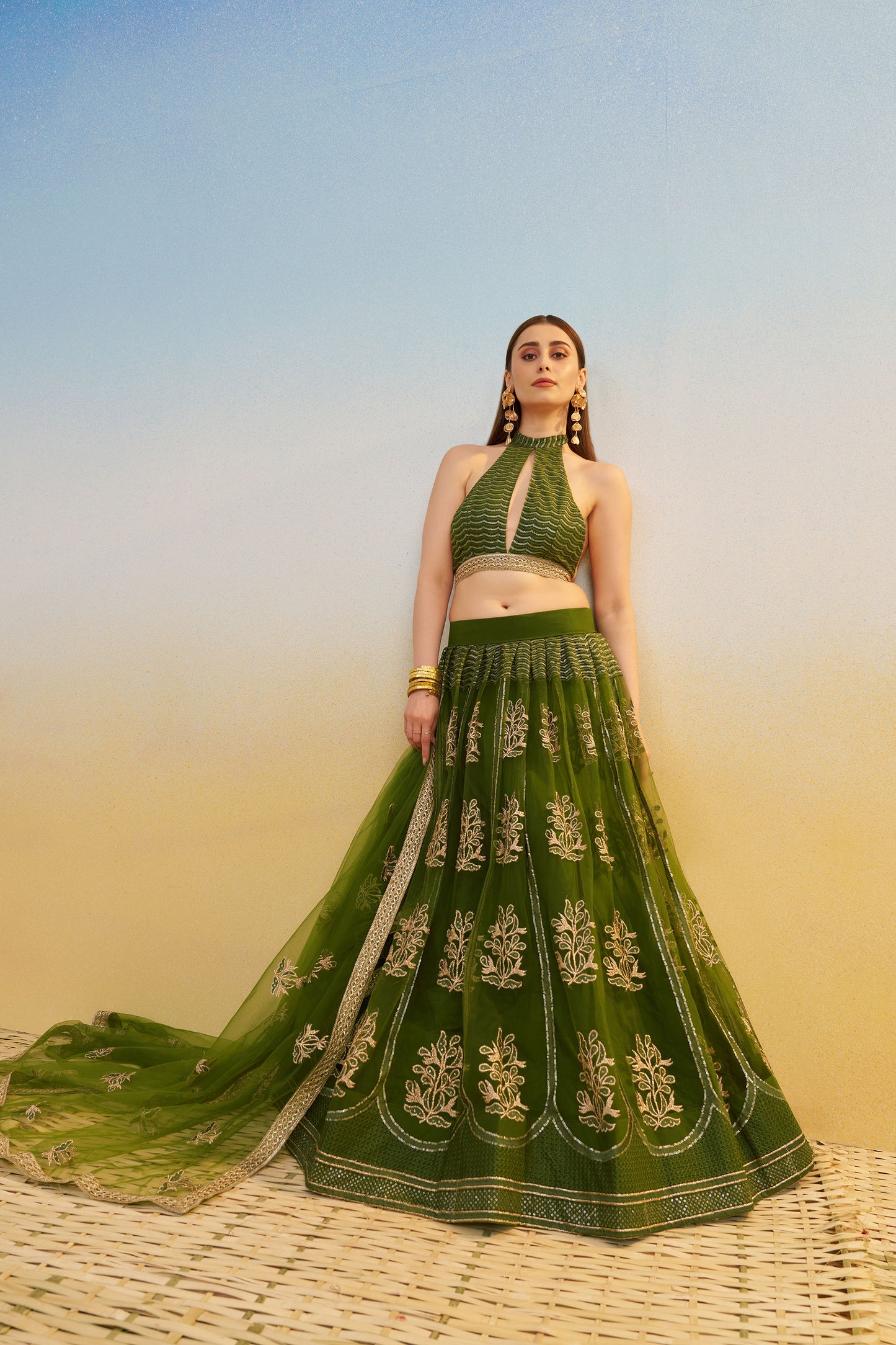 Green Butterfly Net Cotton Thread & Sequin Work Mehendi Lehenga