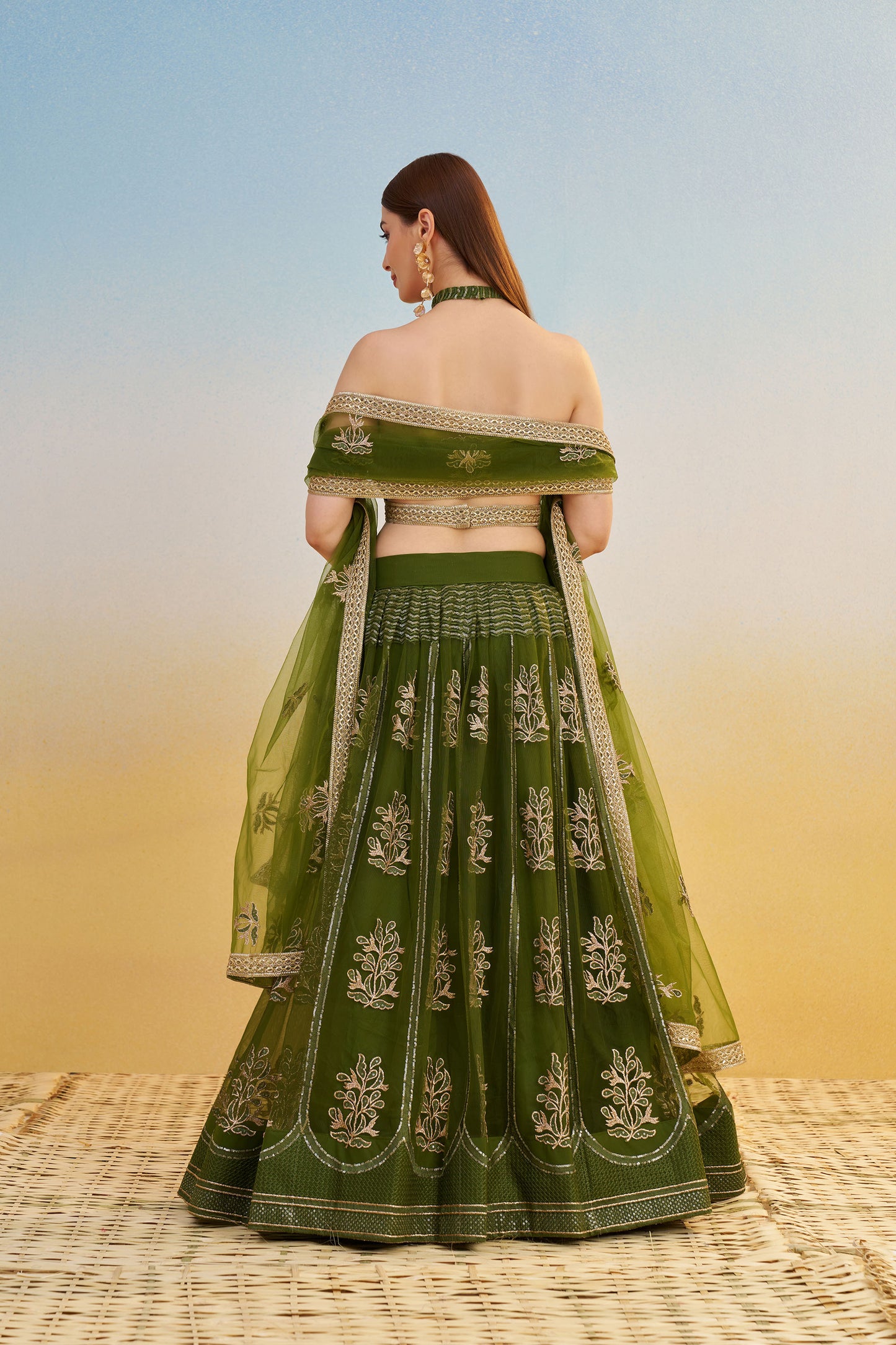 Green Butterfly Net Cotton Thread & Sequin Work Mehendi Lehenga