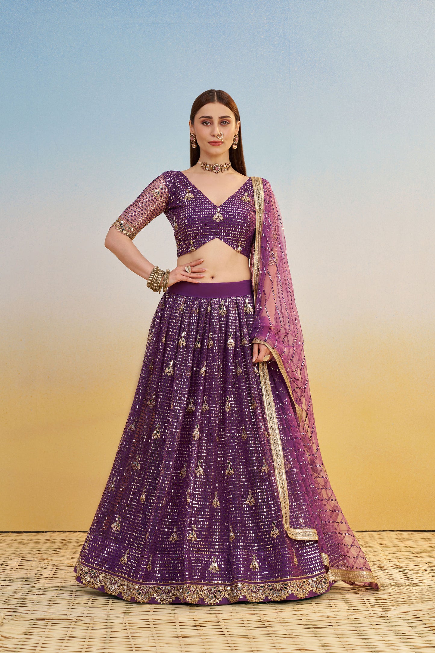 Dark Purple Butterfly Net Cotton Thread & Sequin Work Lehenga for Reception