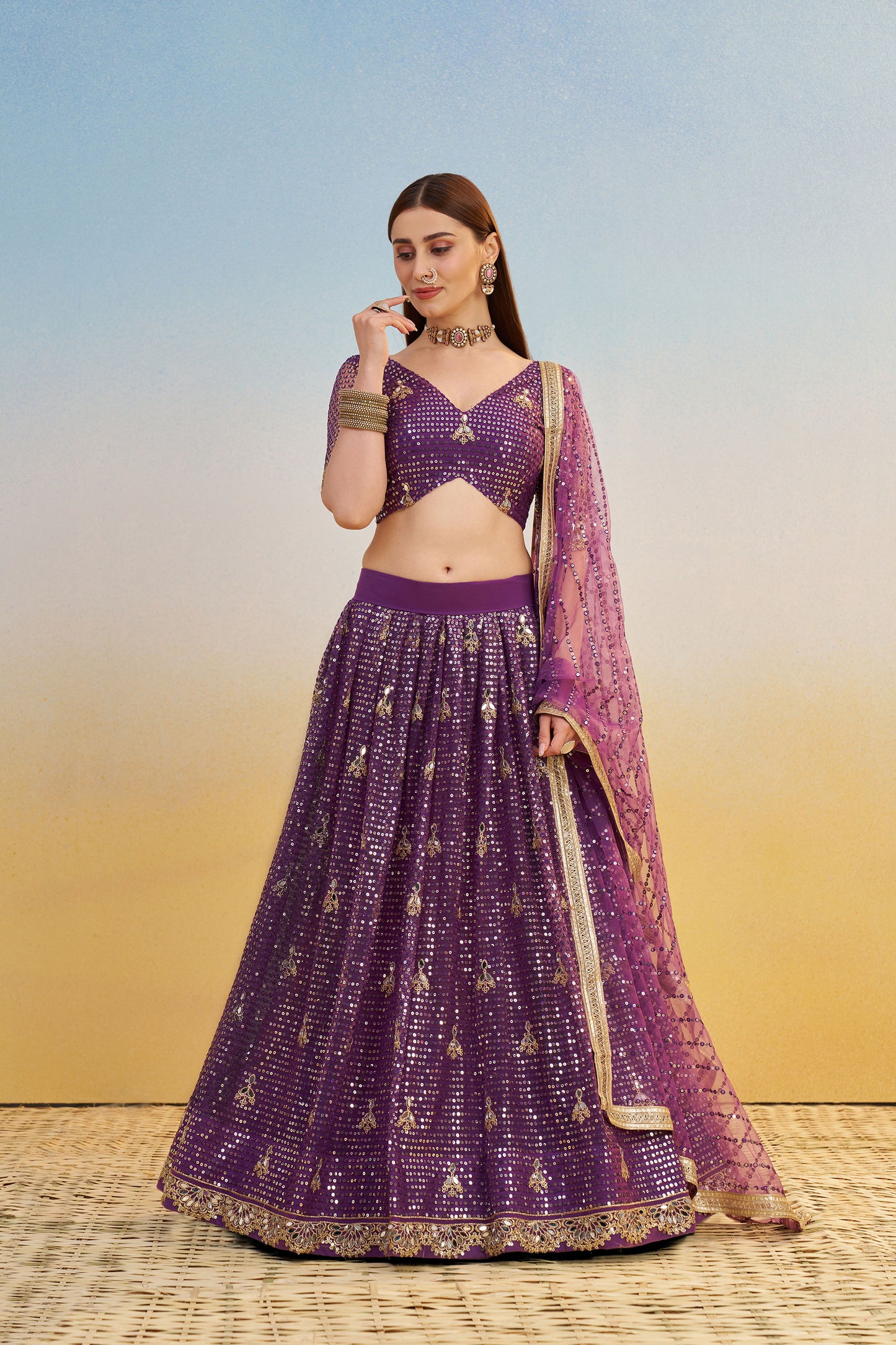 Dark Purple Butterfly Net Cotton Thread & Sequin Work Lehenga for Reception