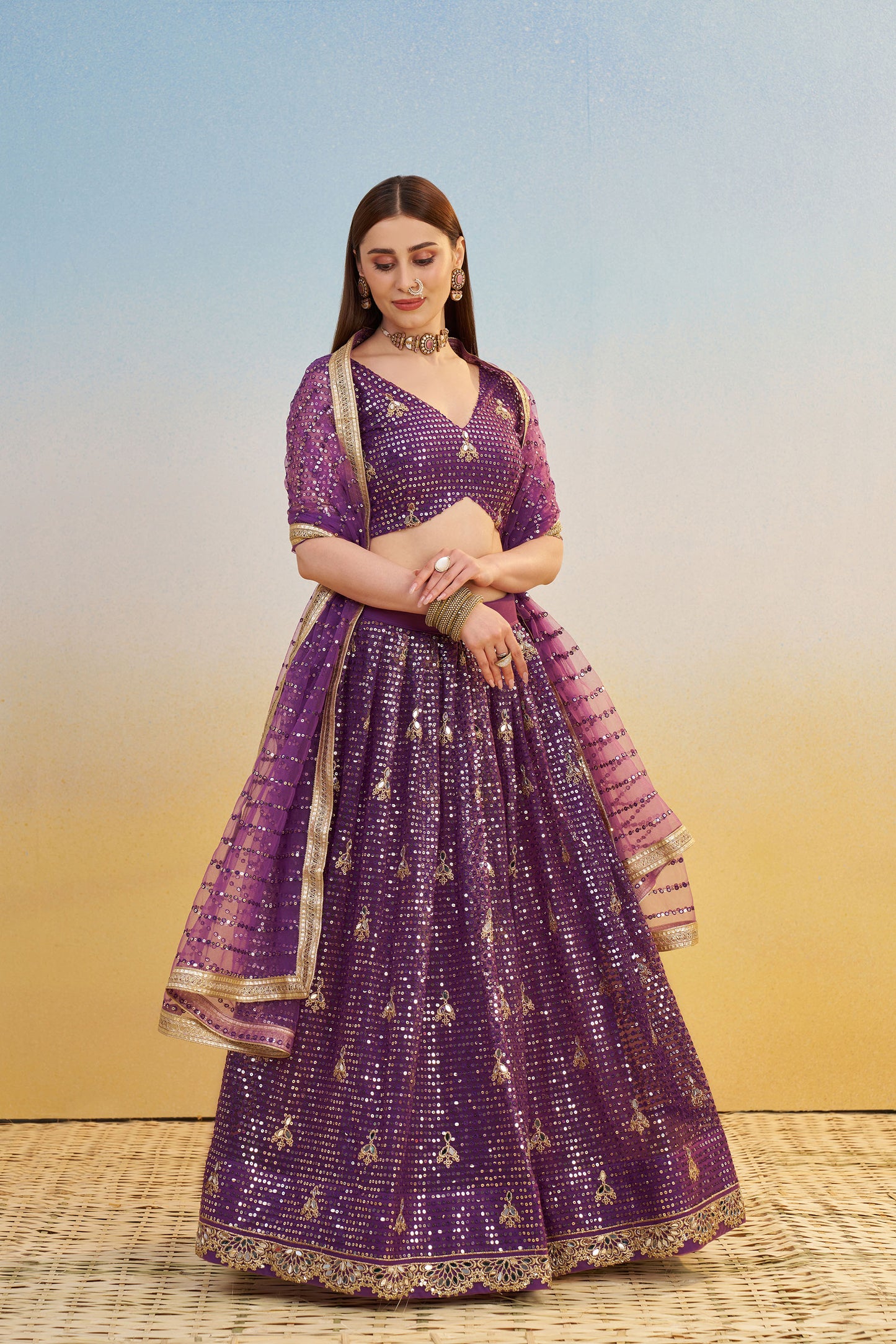 Dark Purple Butterfly Net Cotton Thread & Sequin Work Lehenga for Reception