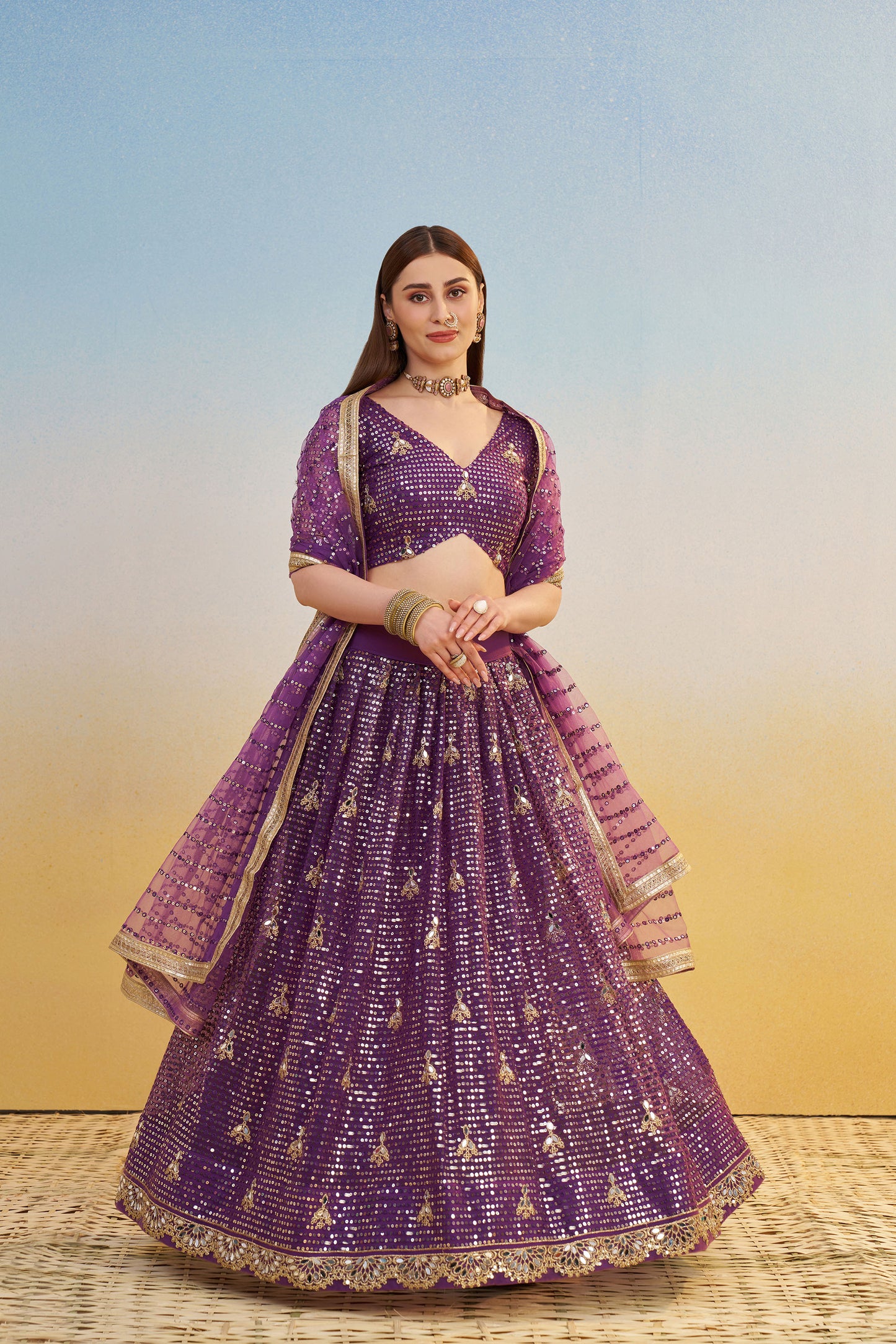 Dark Purple Butterfly Net Cotton Thread & Sequin Work Lehenga for Reception