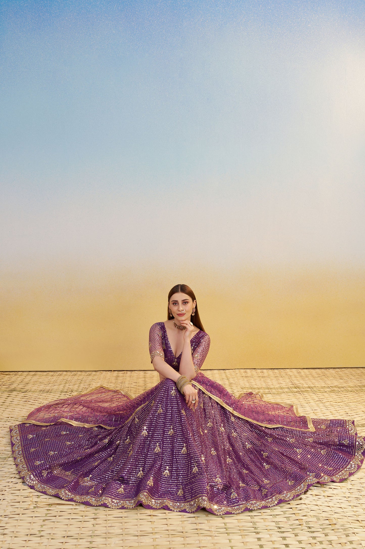 Dark Purple Butterfly Net Cotton Thread & Sequin Work Lehenga for Reception