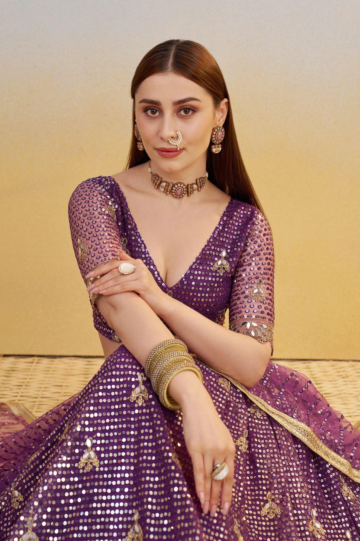 Dark Purple Butterfly Net Cotton Thread & Sequin Work Lehenga for Reception