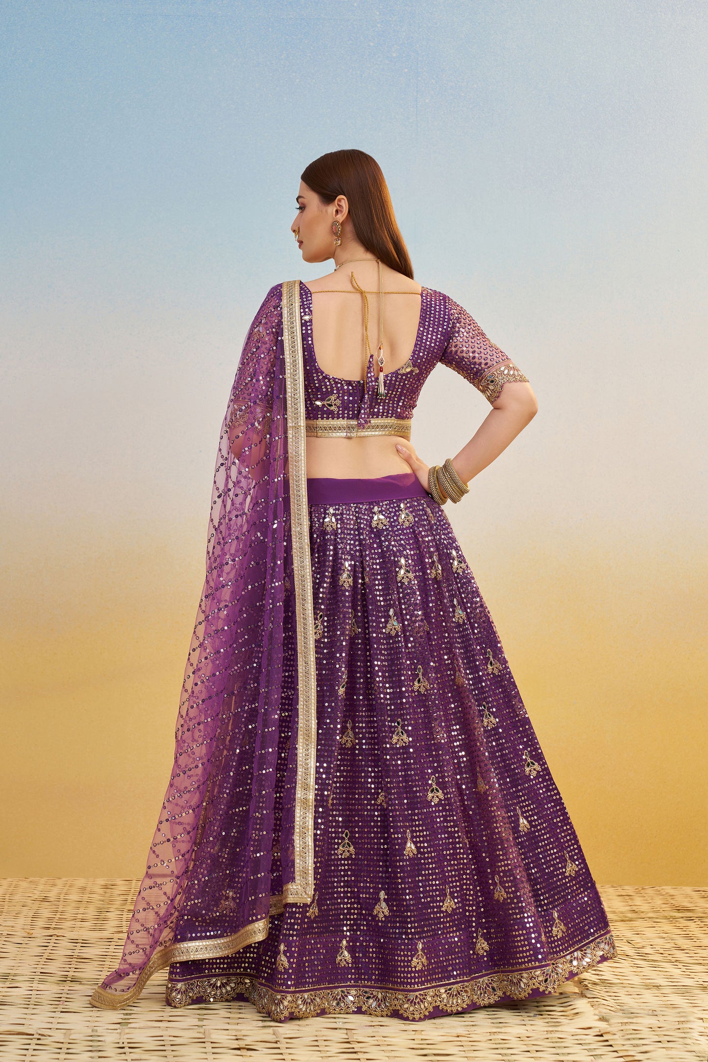 Dark Purple Butterfly Net Cotton Thread & Sequin Work Lehenga for Reception