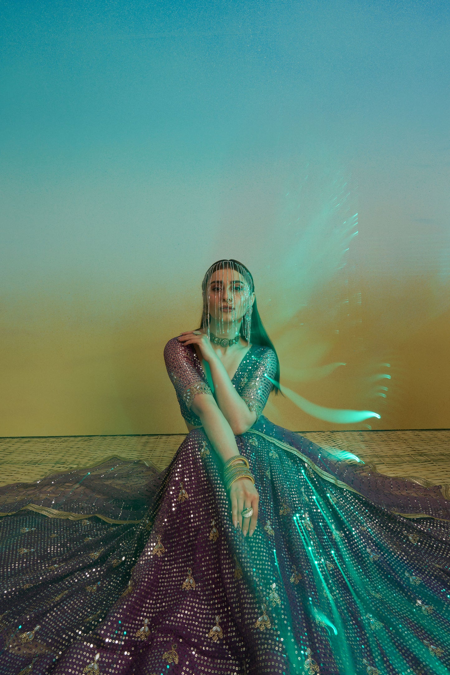 Dark Purple Butterfly Net Cotton Thread & Sequin Work Lehenga for Reception