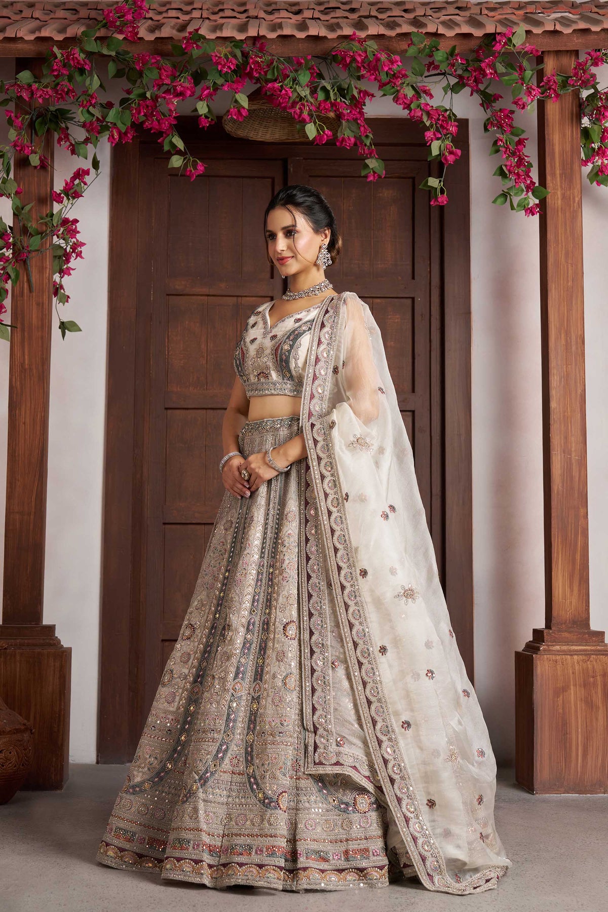 White Net Floral Embroidered Wedding Lehenga