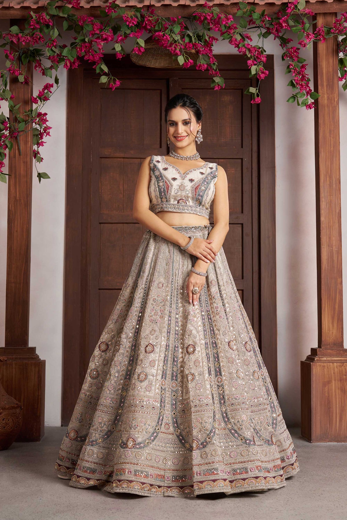 White Net Floral Embroidered Wedding Lehenga