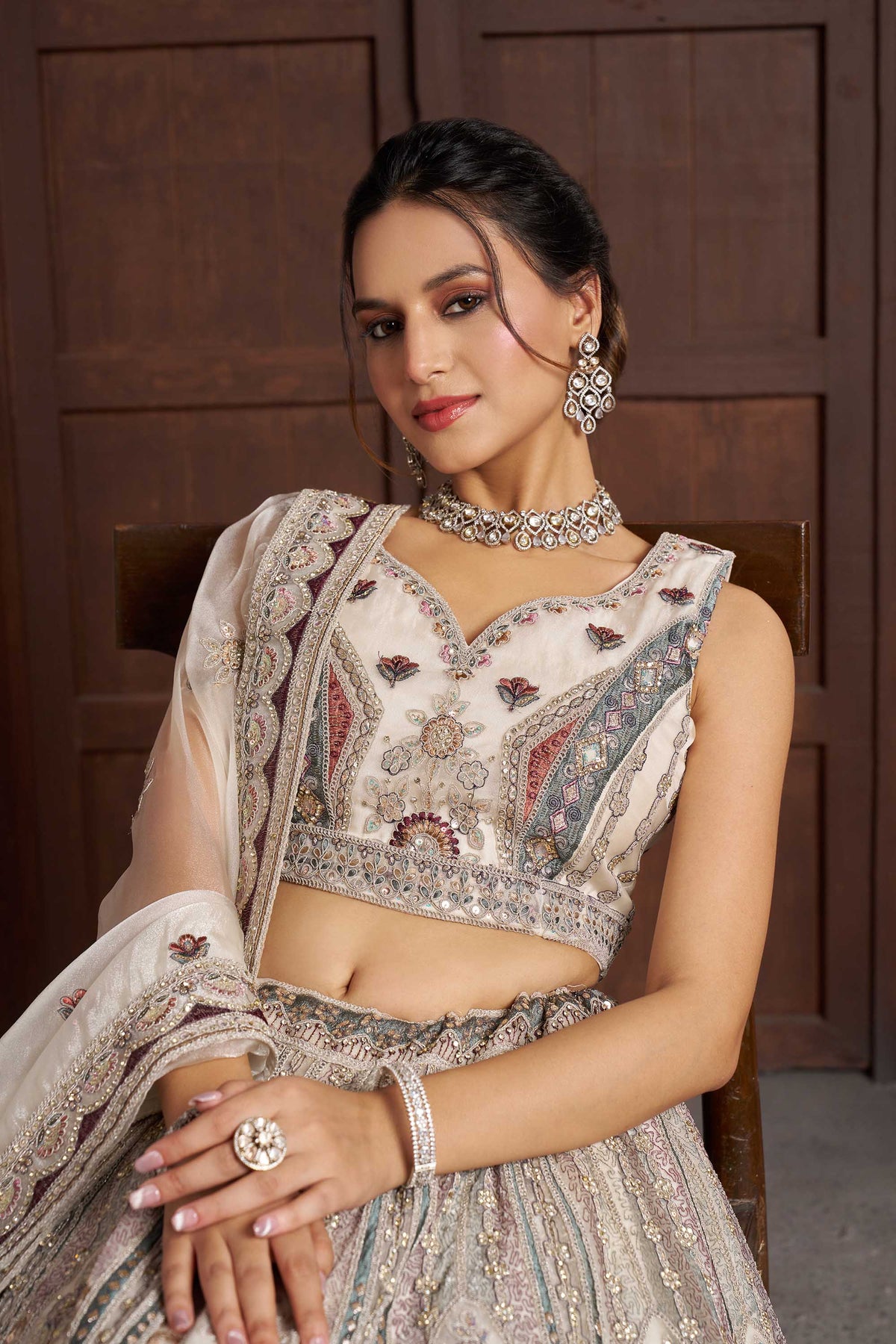 White Net Floral Embroidered Wedding Lehenga