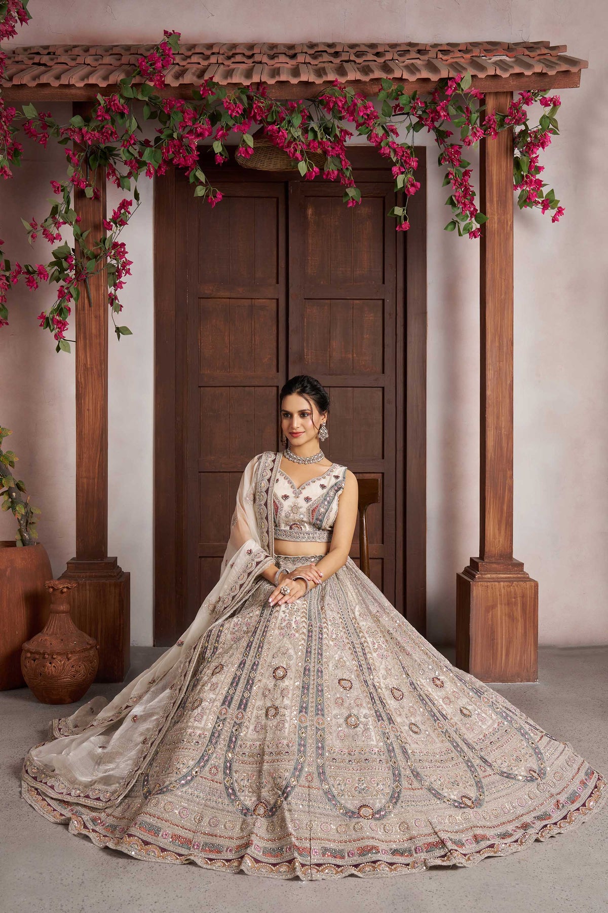 White Net Floral Embroidered Wedding Lehenga