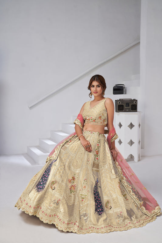 Cream Raw Silk Peacock Motifs & Zari Embroidered Bridesmaid Lehenga