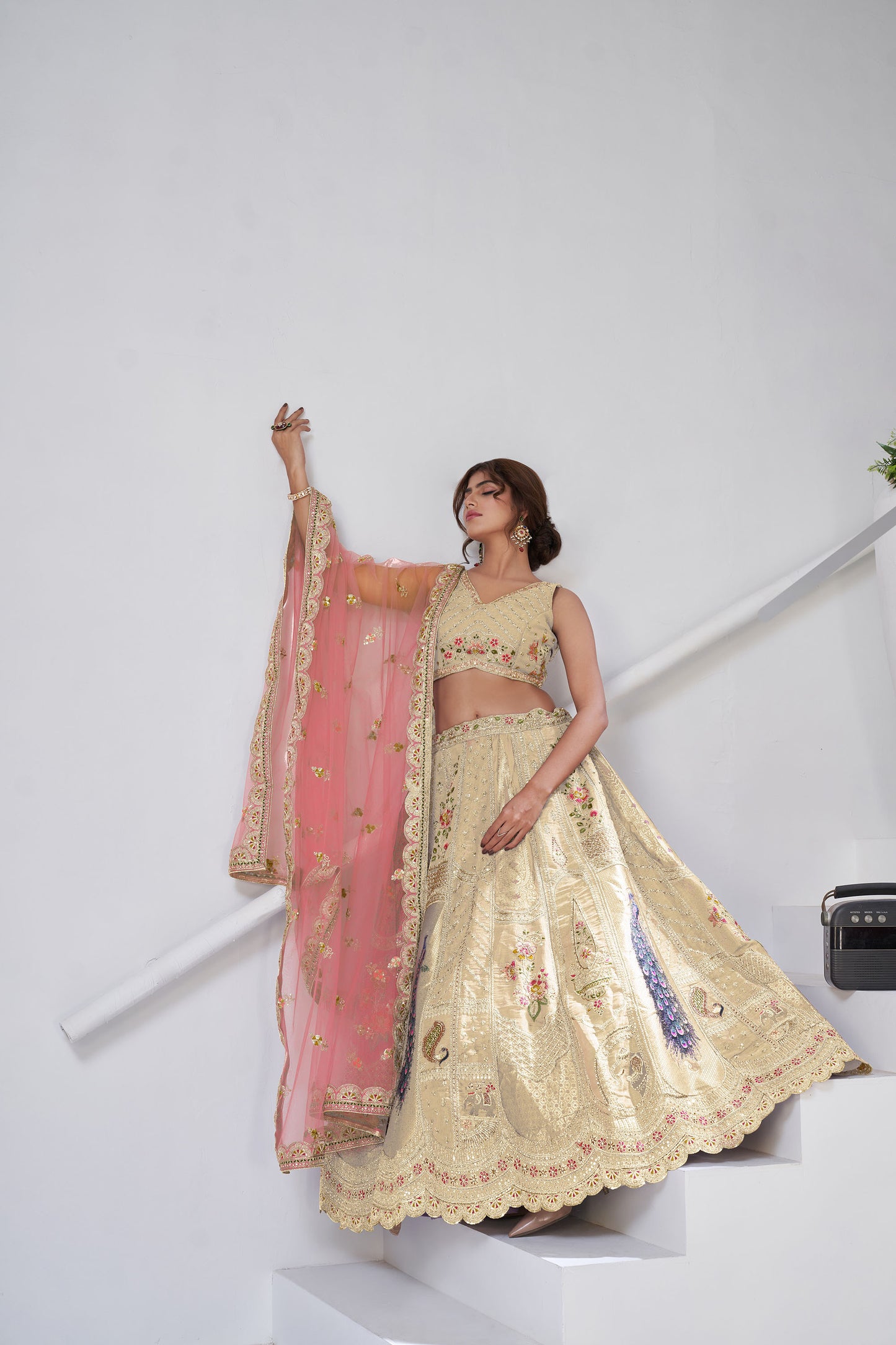 Cream Raw Silk Peacock Motifs & Zari Embroidered Bridesmaid Lehenga