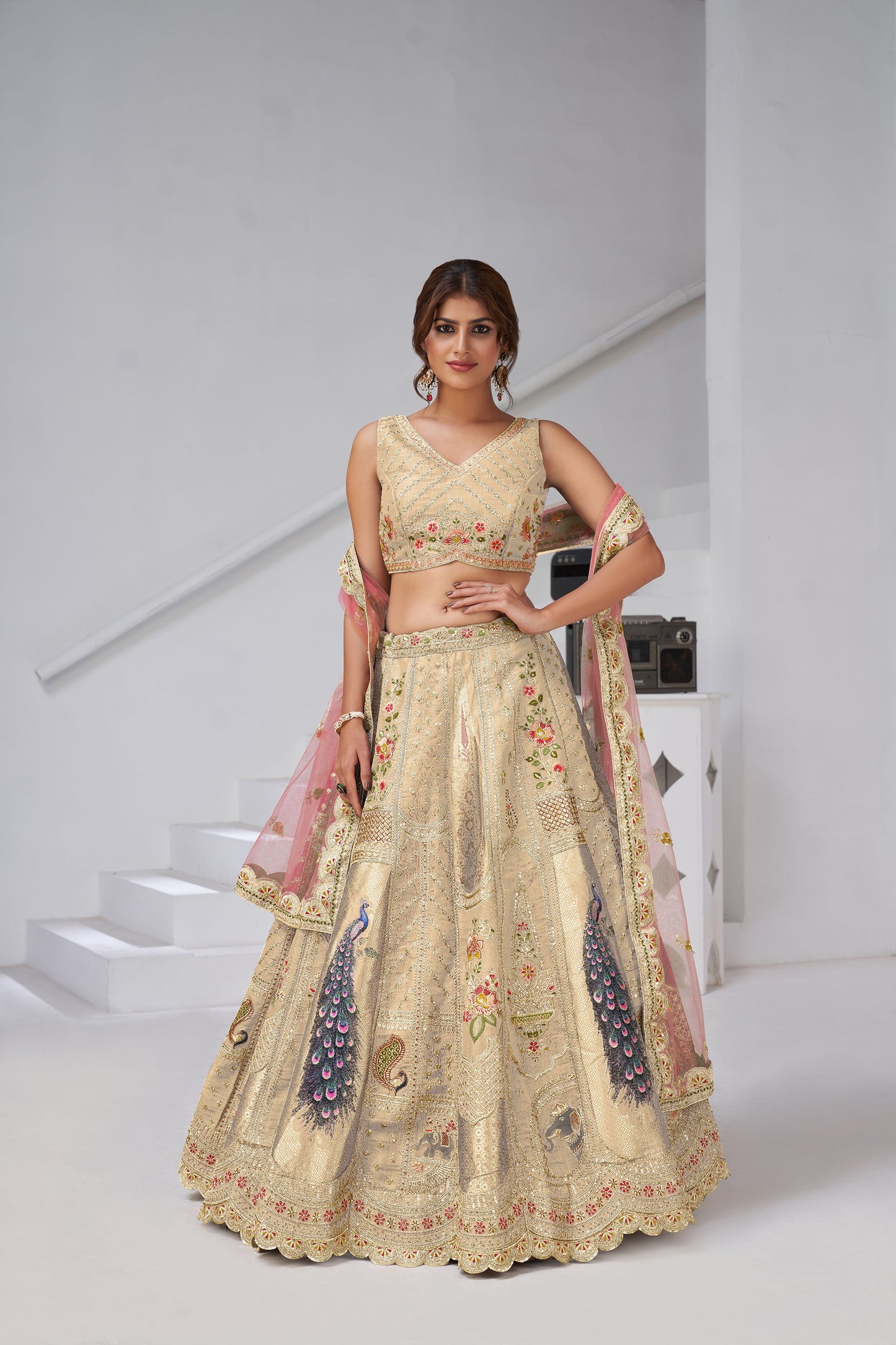 Cream Raw Silk Peacock Motifs & Zari Embroidered Bridesmaid Lehenga