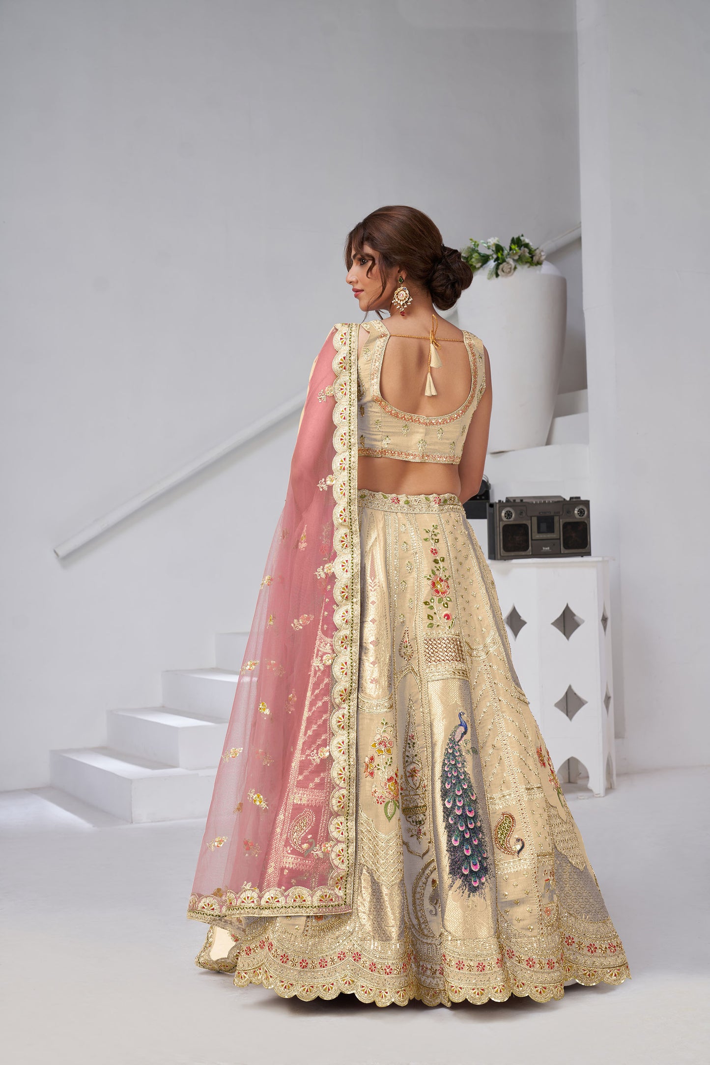 Cream Raw Silk Peacock Motifs & Zari Embroidered Bridesmaid Lehenga