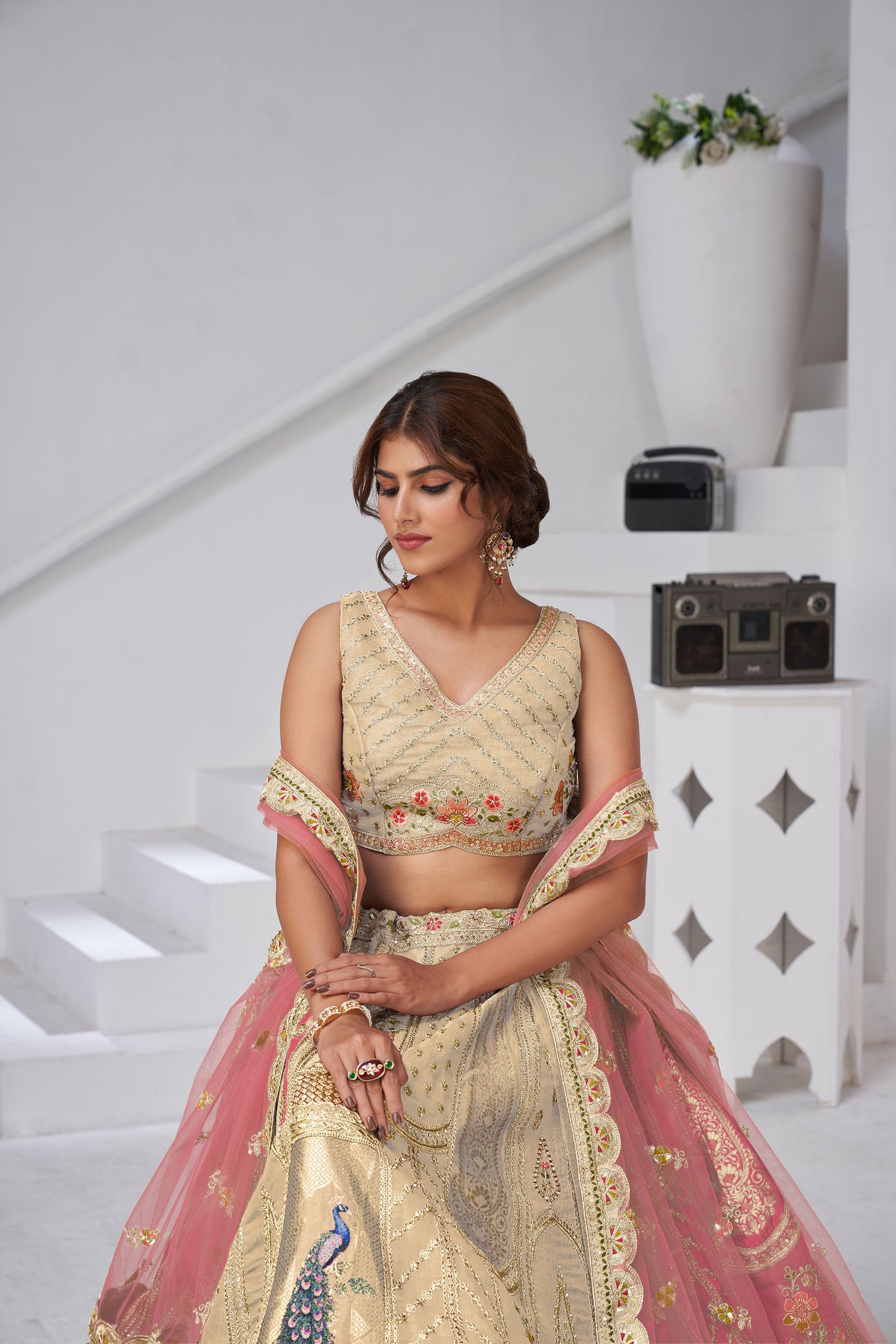 Cream Raw Silk Peacock Motifs & Zari Embroidered Bridesmaid Lehenga
