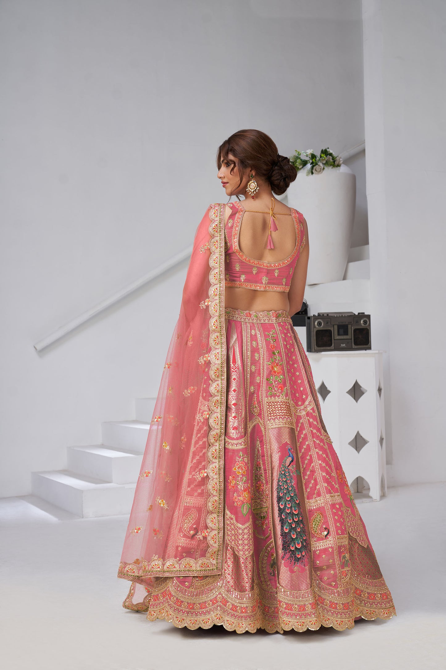 Pink Raw Silk Peacock Motifs & Zari Embroidered Bridal Lehenga