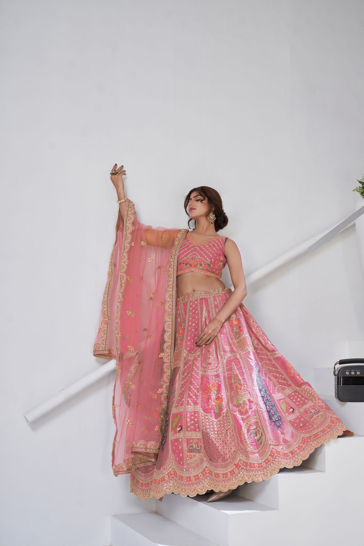 Pink Raw Silk Peacock Motifs & Zari Embroidered Bridal Lehenga