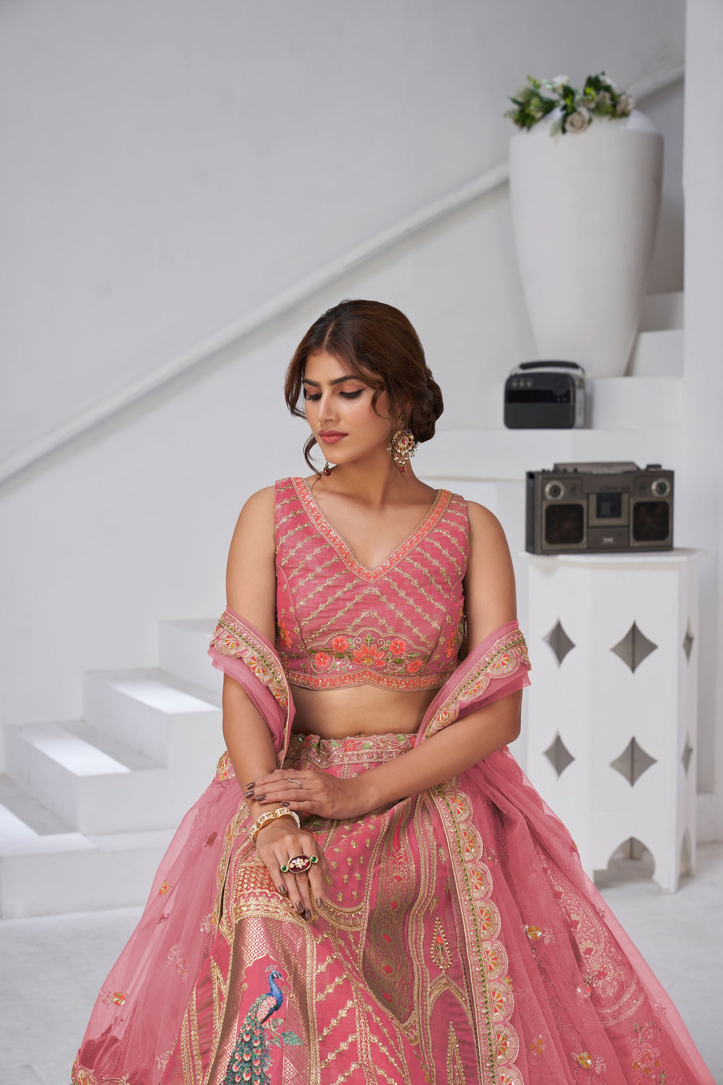 Pink Raw Silk Peacock Motifs & Zari Embroidered Bridal Lehenga