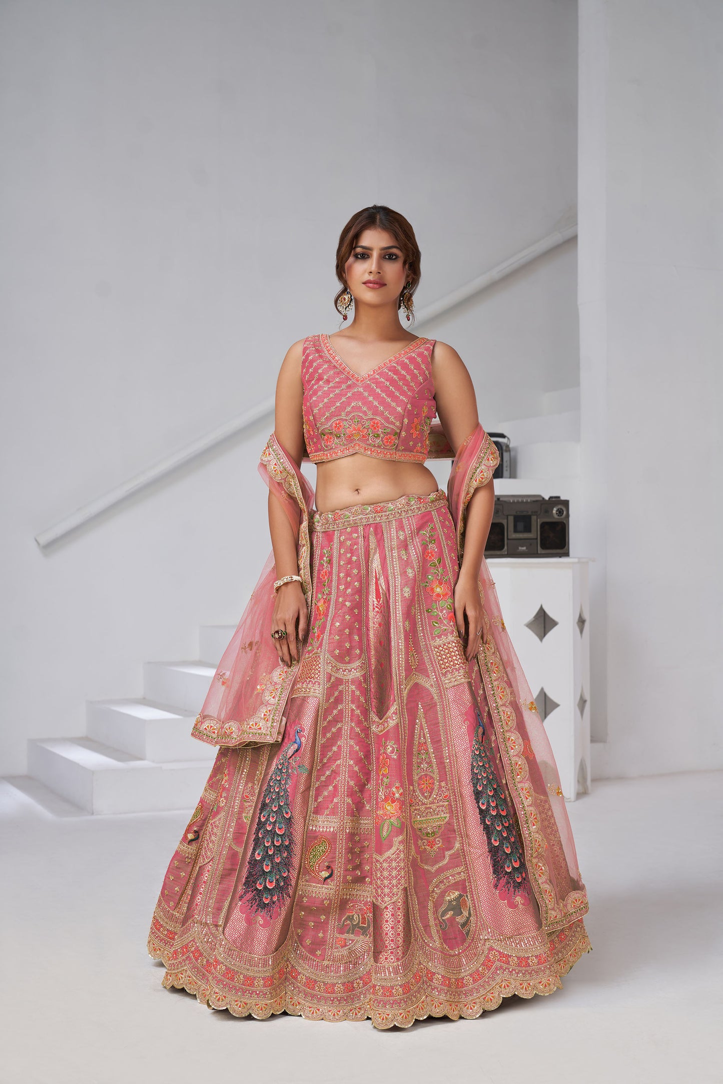 Pink Raw Silk Peacock Motifs & Zari Embroidered Bridal Lehenga