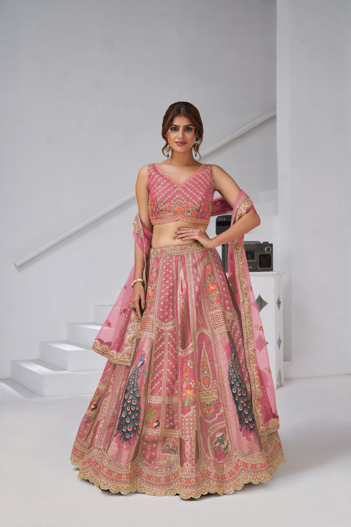 Pink Raw Silk Peacock Motifs & Zari Embroidered Bridal Lehenga
