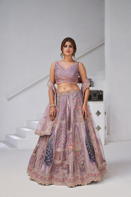 Purple Royal Banarasi Silk with Leaf & Peacock Motifs Lehenga for Sangeet
