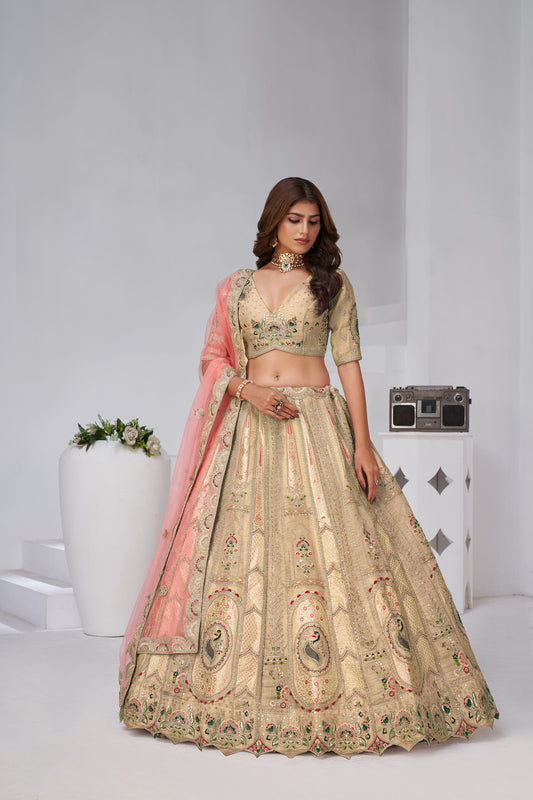 Cream Raw Silk Zari & Resham Embroidered Wedding Lehenga