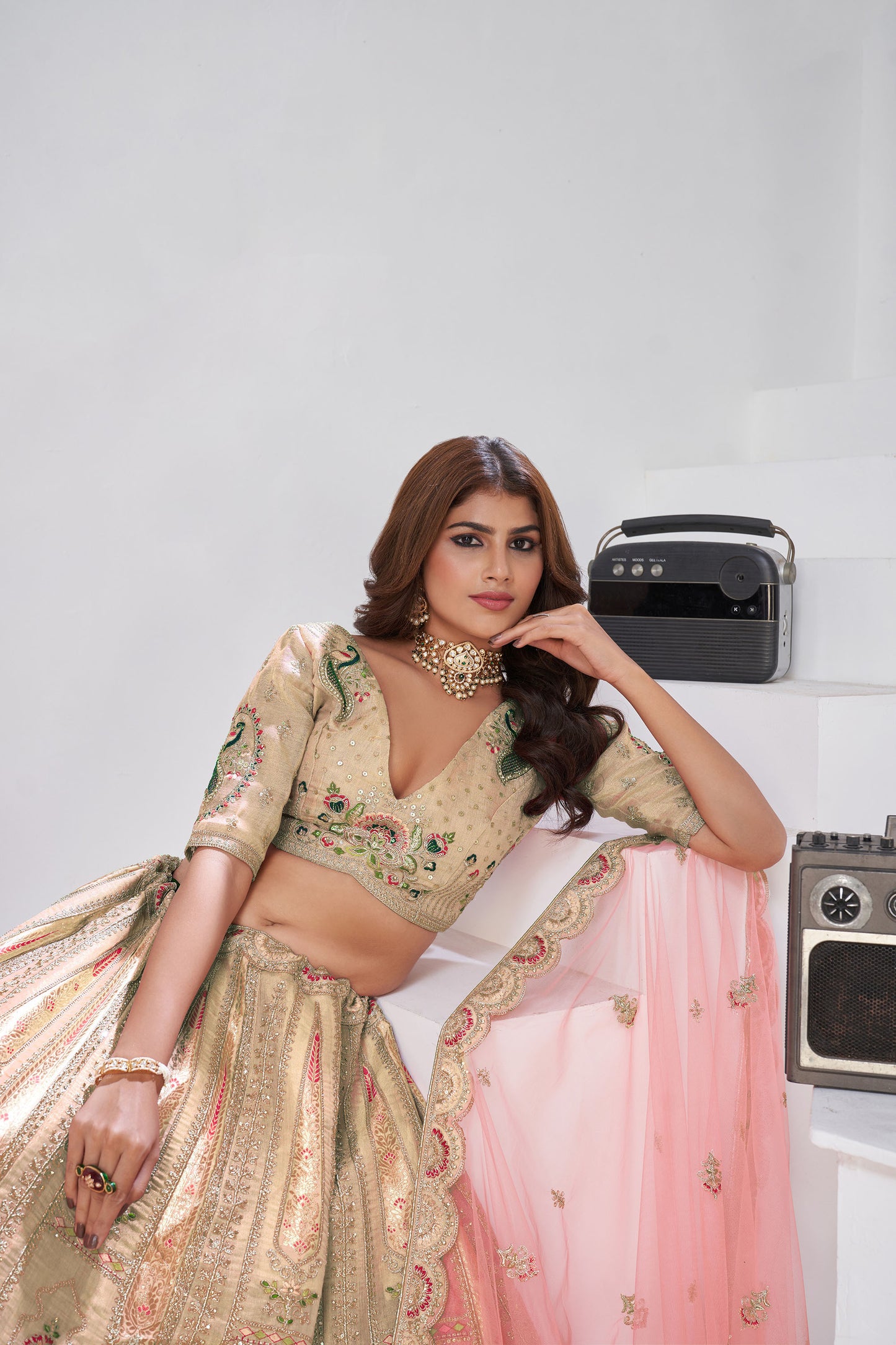 Cream Raw Silk Zari & Resham Embroidered Wedding Lehenga