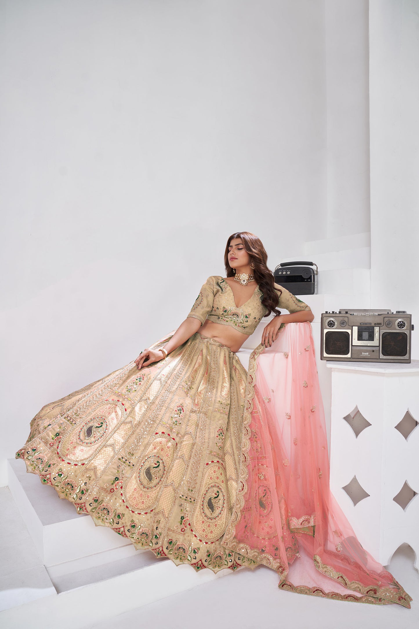 Cream Raw Silk Zari & Resham Embroidered Wedding Lehenga