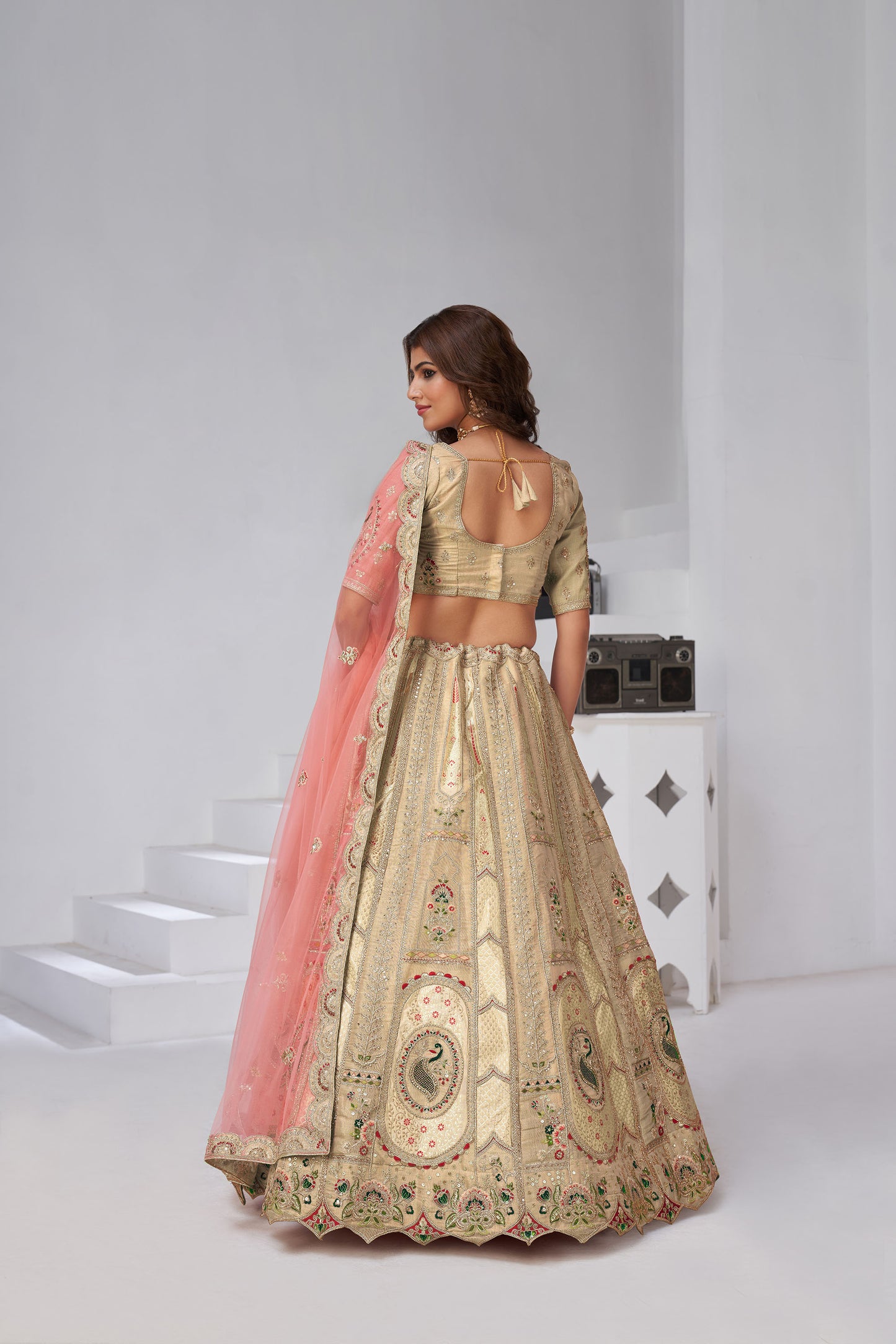 Cream Raw Silk Zari & Resham Embroidered Wedding Lehenga