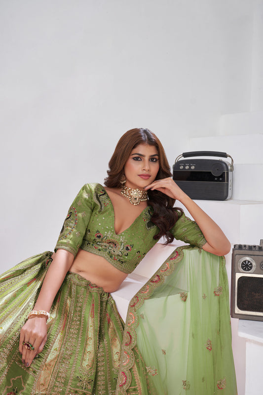 Green Raw Silk Zari & Resham Embroidered Mehendi Lehenga