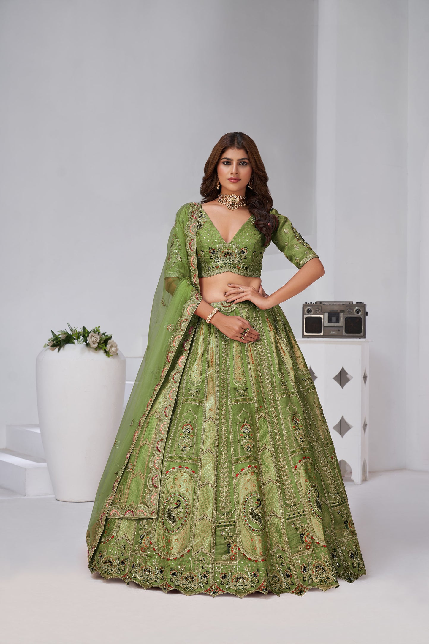 Green Raw Silk Zari & Resham Embroidered Mehendi Lehenga