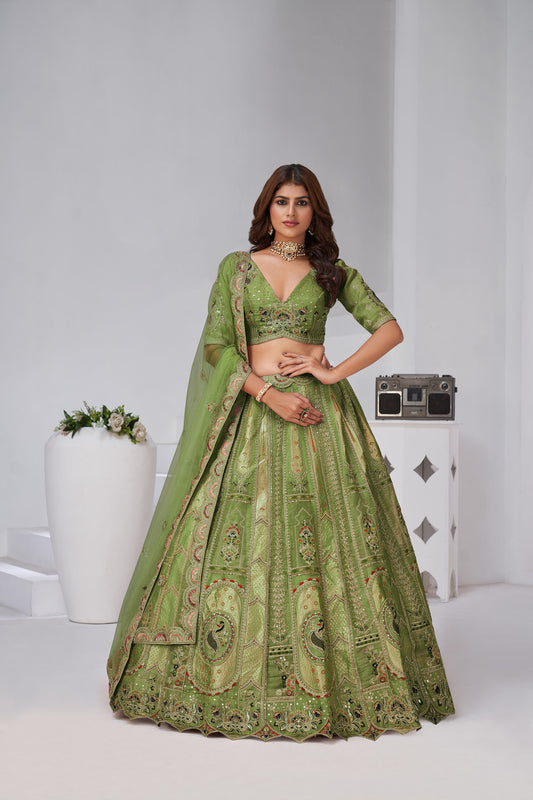 Green Raw Silk Zari & Resham Embroidered Mehendi Lehenga