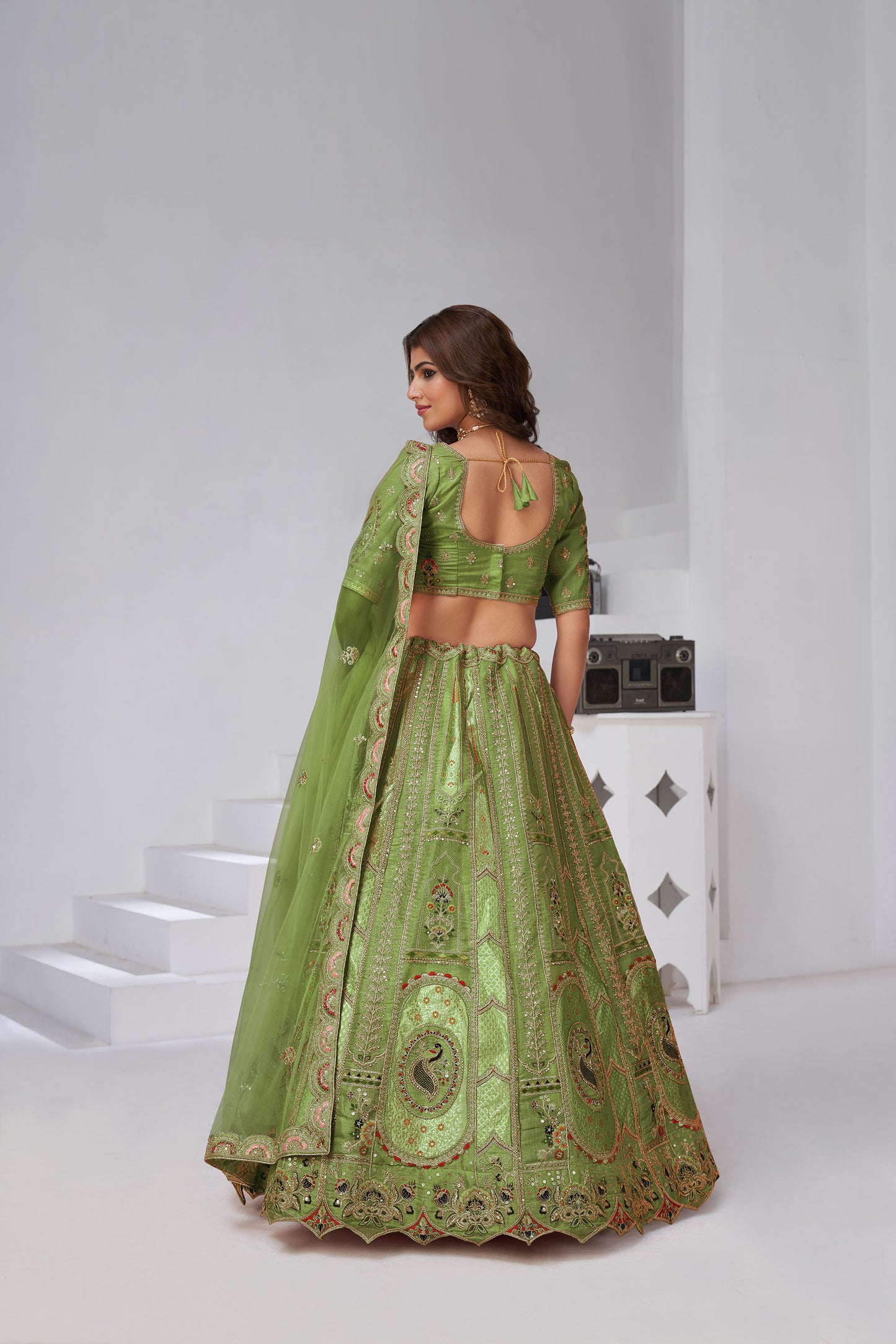 Green Raw Silk Zari & Resham Embroidered Mehendi Lehenga