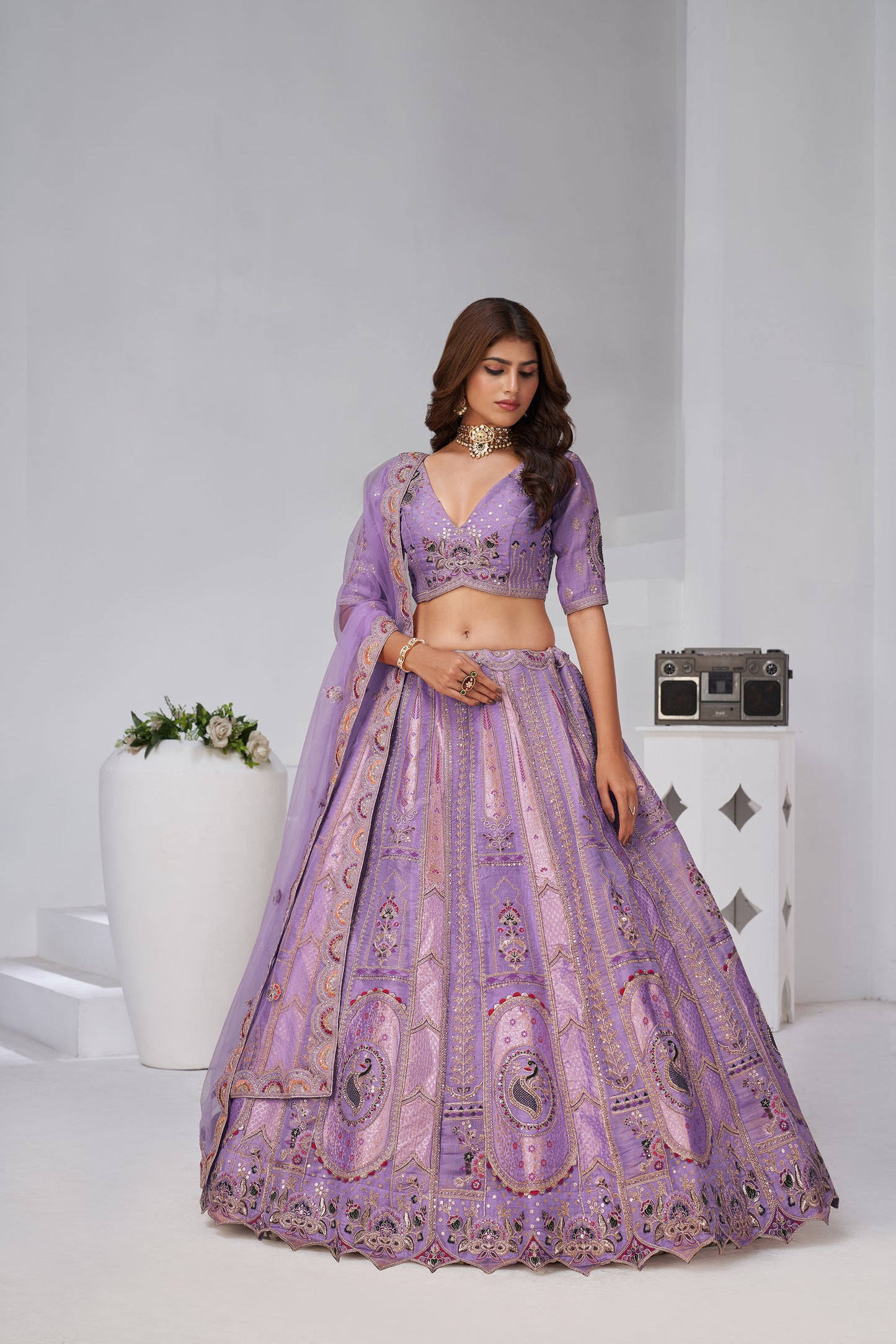 Purple Raw Silk Zari & Resham Embroidered Sangeet Lehenga