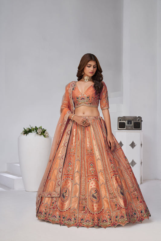 Rust Orange Raw Silk Resham & Zari Embroidered Bridesmaid Lehenga