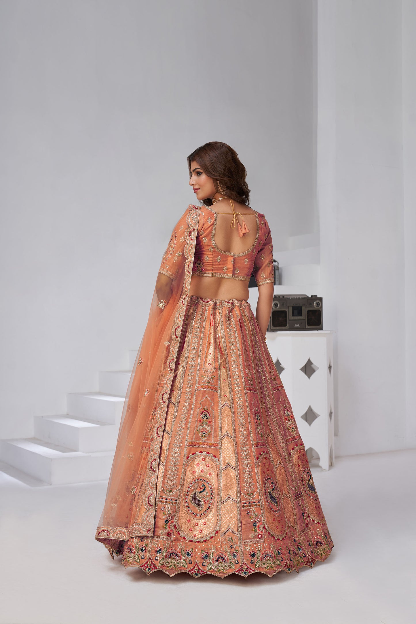 Rust Orange Raw Silk Resham & Zari Embroidered Bridesmaid Lehenga