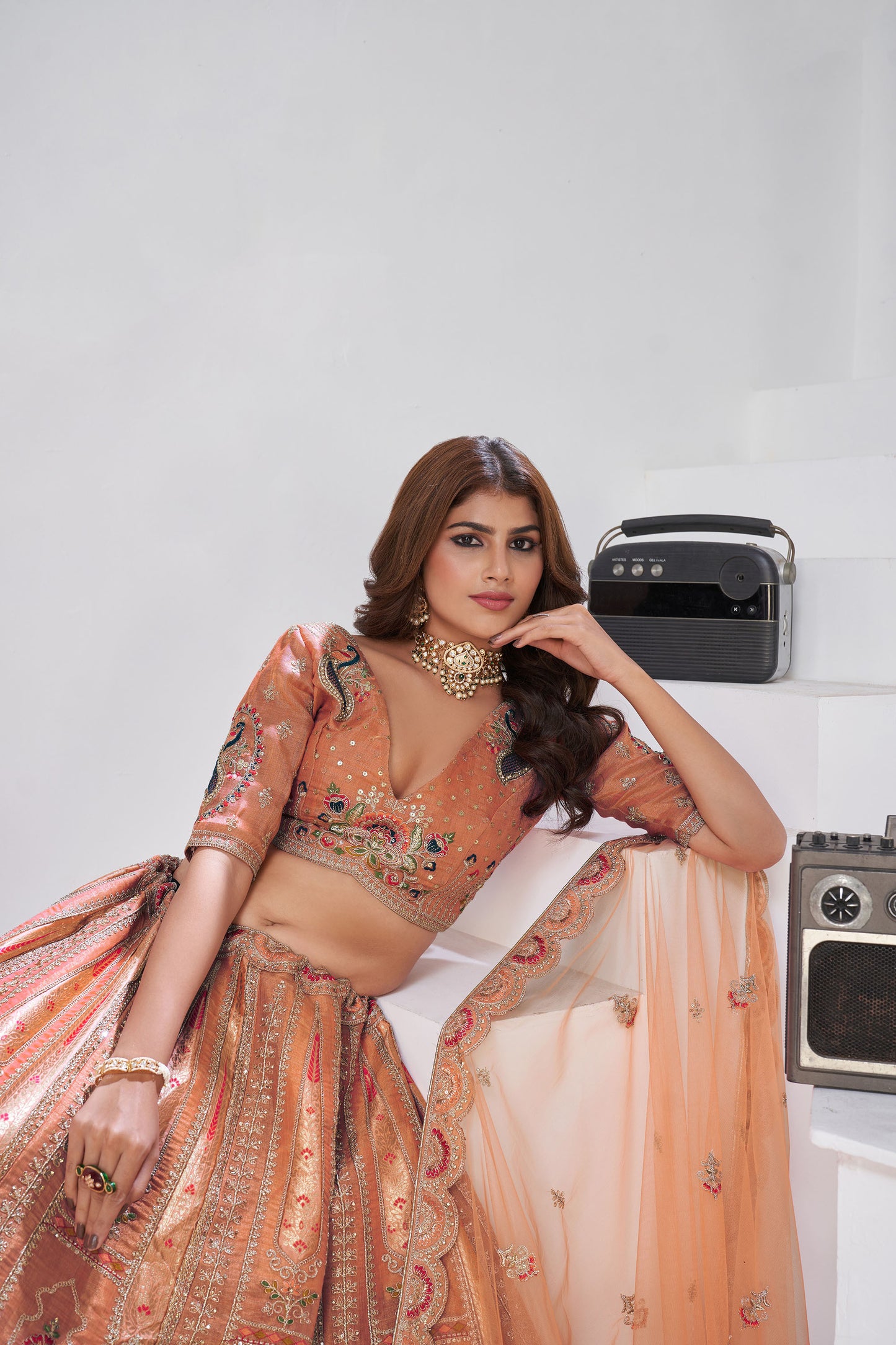 Rust Orange Raw Silk Resham & Zari Embroidered Bridesmaid Lehenga