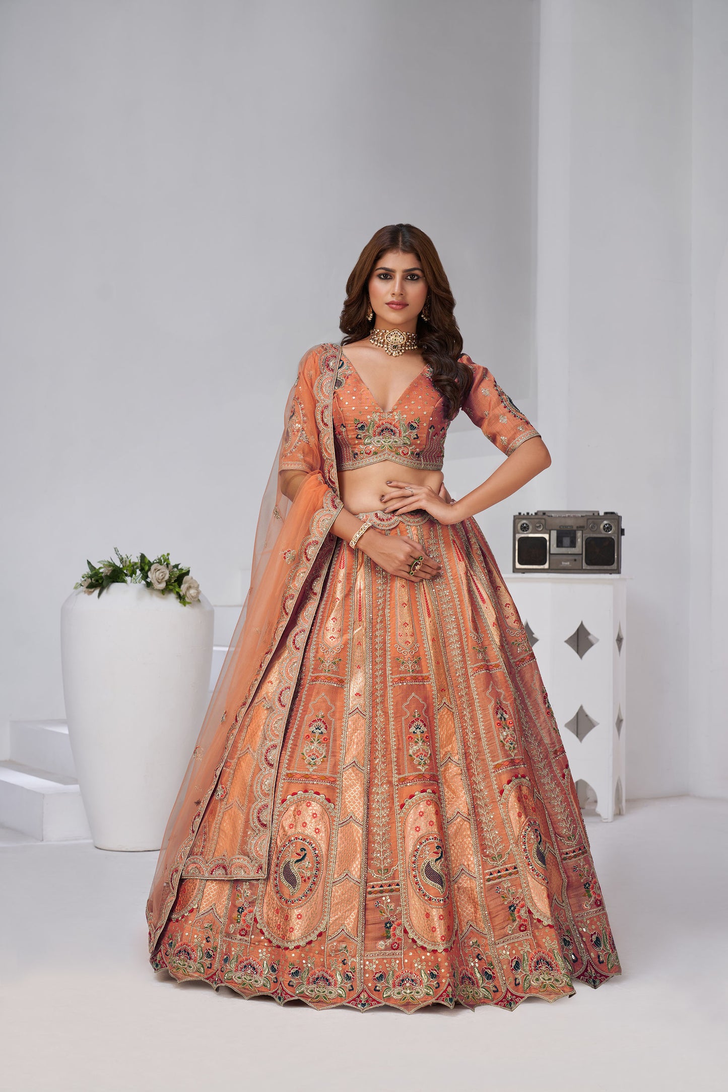 Rust Orange Raw Silk Resham & Zari Embroidered Bridesmaid Lehenga