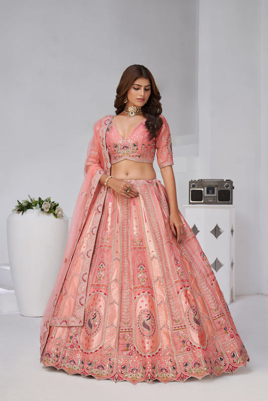 Pink Raw Silk Zari & Resham Embroidered Wedding Lehenga