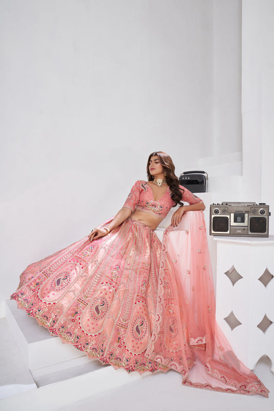 Pink Raw Silk Zari & Resham Embroidered Wedding Lehenga